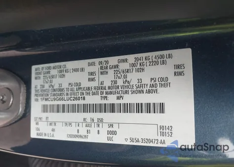 2020 Ford Escape Se from USA, damaged, VIN 1FMCU9G66LUC26018